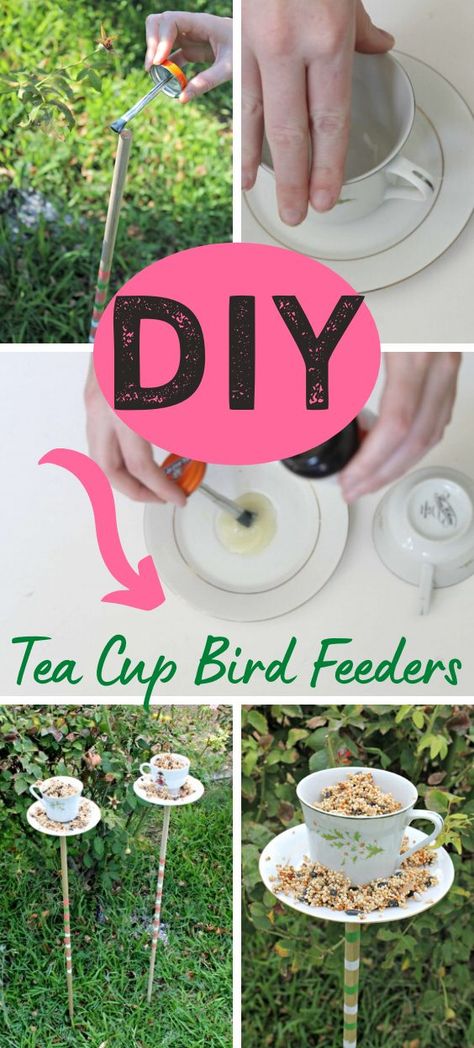 DIY Tea Cup Bird Feeders — CraftBits.com #birdfeeders #recycled #kidscrafts Yea Cup Bird Feeders, Teacup Bird Feeder Diy Teapot Birdhouse, Tea Cup Bird Feeders, Plate Bird Feeder Diy, Coffee Cup Bird Feeder, Coffee Mug Bird Feeder, Tea Cup Repurpose, Yea Cup Crafts, Diy Tea Cup Projects