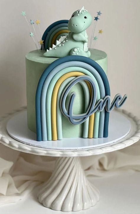 Rainbow Dinosaur Cake, Dinocake Dinosaur, Dinasour Birthday Cake, Cute Cake Ideas, 1st Birthday Cake Designs, Dino Birthday Cake, Cake Topper 1st Birthday, Cake Designs For Boy, Half Birthday Cakes