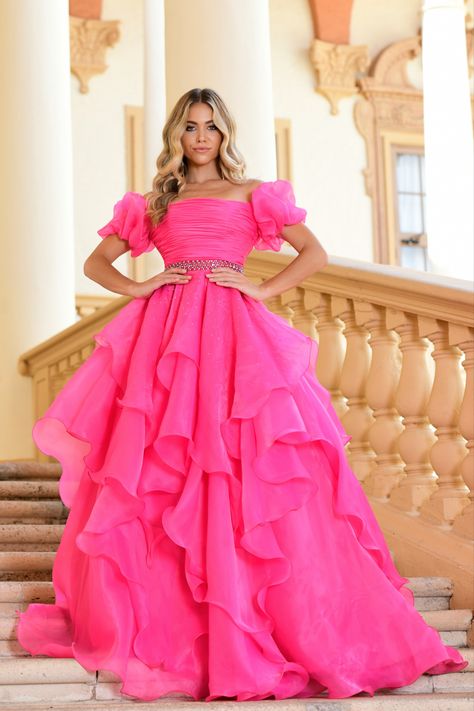 #prom2024 #prom #styleinspo #trending #prommakeup #promhair Organza Styles, Shoulder Puff Sleeve, Embellished Belt, Prom Dress Stores, Terani Couture, Ruffled Skirt, Red Carpet Event, Ruched Bodice, Pageant Dress