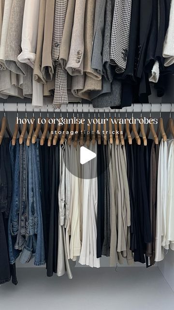 KATIE PEAKE on Instagram: "Wardrobe organisation tips 📌🤍🧥👖 I’ve had a HUGE declutter & sort out over the last couple of weeks & wanted to organise my things so it’s easy for me to get dressed every day. Also the baby hanger hack is a gamechanger for hanging your trousers. SO satisfying 👏🏻 full YouTube video is on my channel. . . Wardrobes are from @tylko use ‘katiepeake’ for 44% off until 31.01 *pr product . . Wardrobe organisation, closet, closet organisation, how I organise my clothes, storage hacks . . #wardrobes #wardrobestylist #wardrobegoals #cleanoutyourcloset #closetorganization #closetgoals #wardrobeorganisation #clothesorganizer #wardrobeinspiration #wardrobeinspo #knitwearfashion #dressingrooms #dressingroomgoals #dressingroominspo #dressingroomdesign #storagesolutions #st Trouser Storage Closet Organization, Trousers Hanger Wardrobe, Cupboard Organizer Clothing, How To Arrange My Wardrobe, Wardrobe Tidy Ideas, Cloth Hanging Ideas In Wardrobe, Hanging Dress Pants In Closet, Hanger Design Ideas Hanging Clothes, Dress Storage Ideas Closet Organization