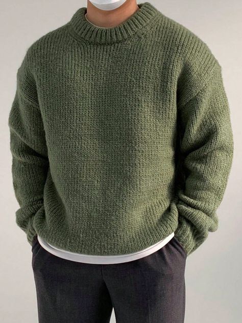 Olive Green Casual Collar Long Sleeve Knitwear Plain Pullovers Embellished High Stretch  Men Clothing Olive Sweater Outfit, Olive Green Sweater Outfit, Green Sweater Outfit, Capsule Wardrobe Men, Olive Green Outfit, Mens Fall Outfits, Mens Green Sweater, Sweater Outfits Men, Real Men Real Style