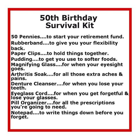 Survival Kits with cute sayings | 50 th birthday survival kit 50th Birthday Gift Ideas, Birthday Survival Kit, Moms 50th Birthday, 50th Bday, 50 Birthday, 50th Birthday Funny, Diy Cadeau, 50th Party, Cadeau Diy