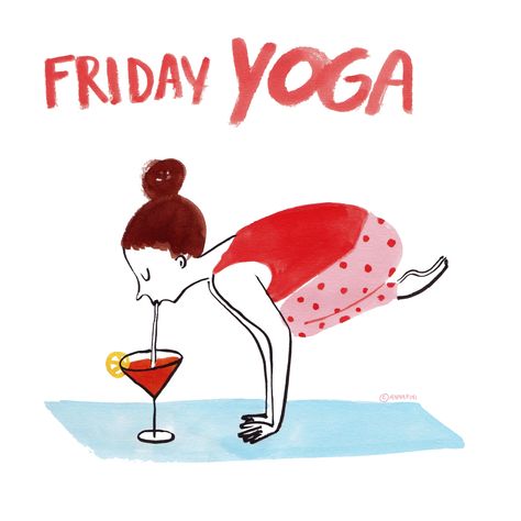 Friday Yoga by Anna Pini #illustration #annapini #ink #watercolor #ecoline #funny #humor #yoga #handlettering #handtype Funny Yoga Pictures, Wine Yoga, Yoga Meme, Frases Yoga, Yoga Quotes Funny, Yoga Lesson Plans, Arte Yoga, Yoga Illustration, Yoga Logo