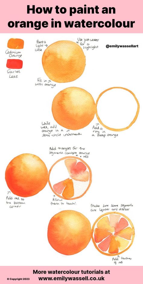 Watercolour Tutorials, Oranges Painting, Watercolor Pencil Art, Life Drawing Reference, Orange Watercolor, Step By Step Watercolor, Orange Painting, Food Illustration Art, Creative Drawing Prompts