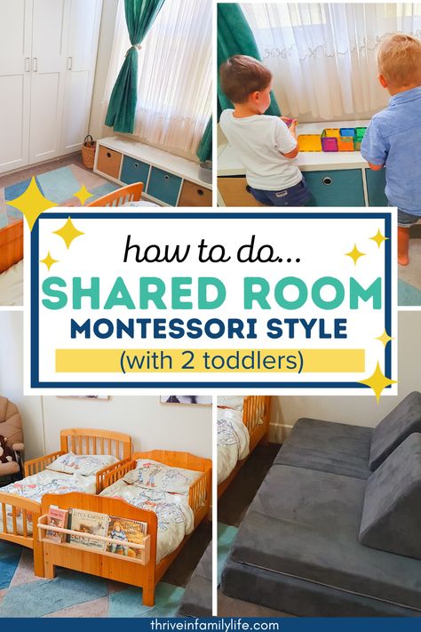 Two Floor Beds One Room, Montessori Twin Bedroom, Toddlers Sharing Room, Boy Girl Toddler Room Shared Bedrooms, Toddler Bedroom Montessori, Brother Bedroom Ideas, Two Toddler Beds Shared Rooms, Shared Room With Toddler Parents, Shared Toddler Room Boy And Girl