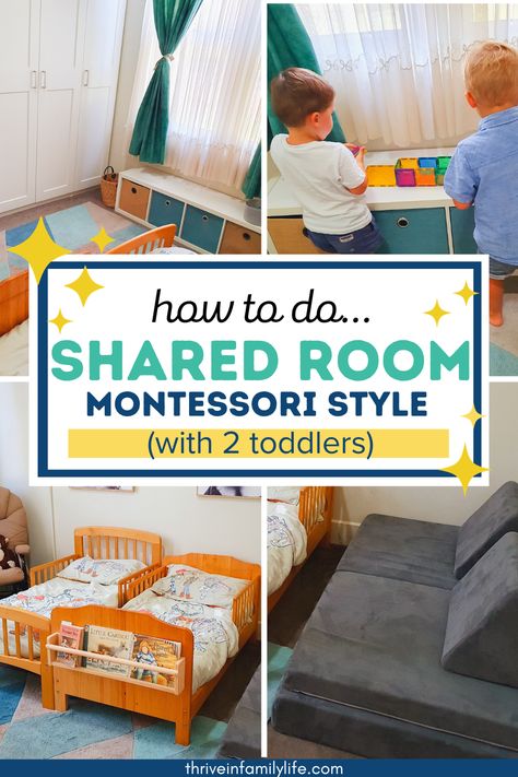 Montessori, Two Floor Beds One Room, Montessori Bedroom For Twins, Montessori Twin Bedroom, Toddler Boy Girl Shared Room Ideas, Montessori Bedroom Twins, Toddler Room For Boy And Girl, Toddlers Sharing Bedroom, Coed Kids Bedroom