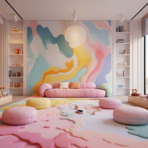 Pastel fluid playroom ideas Pastel, Pink Playroom Ideas, Pink Playroom, Pastel Playroom, Pastel Interiors, Pastel Interior Design, Contemporary Mansion, Stucco Finishes, Pastel Design