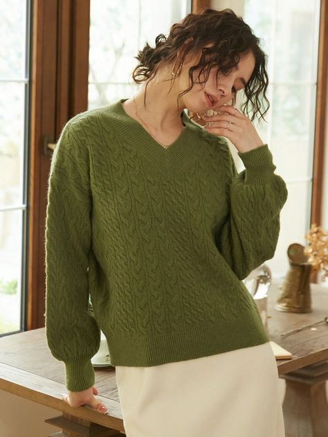 Olive Green Casual Collar Long Sleeve Worsted Plain Pullovers Embellished Slight Stretch Fall/Winter Women Clothing Olive Green Pullover Outfit, Green Pullover Outfit, Pullovers Outfit, Green Pullover, Pullover Outfit, Drop Shoulder Sweater, Drop Shoulder Sweaters, Women Sweaters, Shoulder Sweater