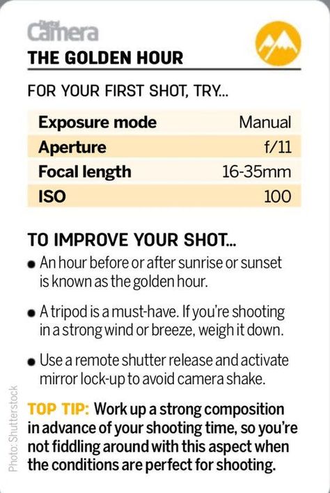 Photography Cheat Sheet: Camera Settings for a Golden Hour Shoot Sunrise Photography Cheat Sheet, Nikon D3200 Tips Cheat Sheets, Sunset Photo Settings, Sunset Photography Tips, Nikon D7500 Cheat Sheets, Sunrise Camera Settings, Sunset Photography Settings, Photography Cheat Sheet, Manual Photography