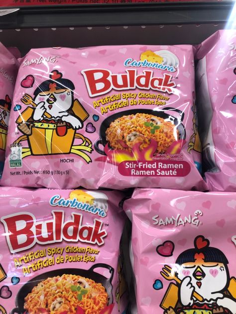 Pink Spicy Noodles, Bulduk Noodles Pink, Pink Buldak Ramen, Korean Noodles Aesthetic, Buldak Noodle, Noodles Buldak, Pink Noodles, Buldak Ramen, Pink Snacks