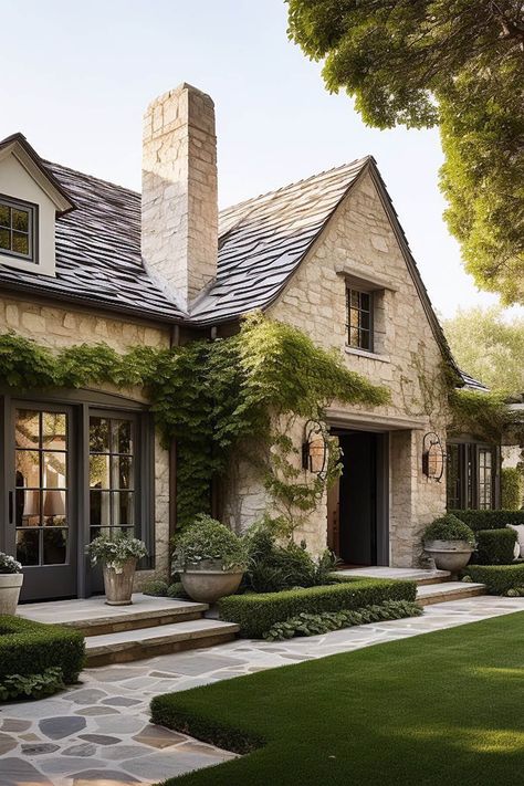 House Design Cottage Style, California Brick Ranch, Front Courtyard Ideas Entryway French, Old World Exterior Homes, Vintage House Style, Charming Cottage Exterior, Stone And Wood Kitchen, Cottagecore Exterior, French Cottage Exterior