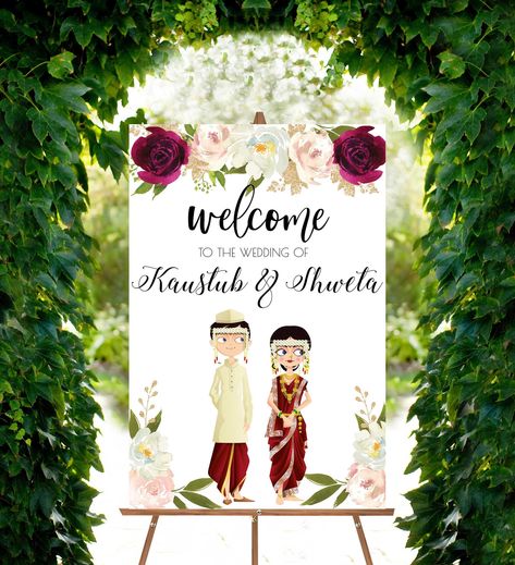 Wedding Welcome Boards, Unique Wedding Signs, Wedding Ceremony Sign, Popcorn Wedding, Welcome Images, Anand Karaj, Wedding Welcome Board, Marathi Wedding, Hindu Wedding Ceremony