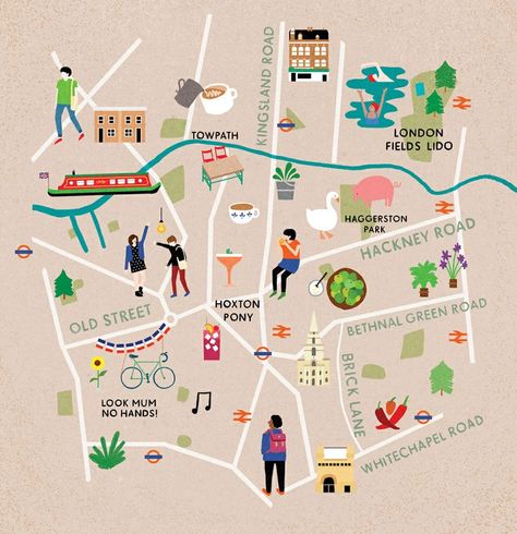 Map of East London for Cara Magazine. Animal Illustrations, Map Illust, Sitemap Design, Cool Maps, Illustration City, Illustrated Maps, Map Illustration, Hand Drawn Map, London Map