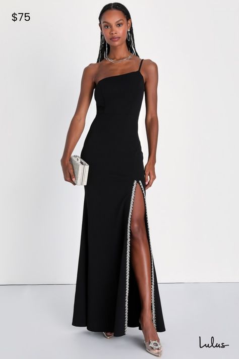 You're sure to radiate with unmeasurable elegance every time you wear the Lulus Absolutely Sensational Black Rhinestone One-Shoulder Maxi Dress! Every curve is sure to be flattered by the stretchy crepe knit composition of this dress, that features a princess-seamed bodice, a one-shoulder neckline (with hidden no-slip strips), and adjustable spaghetti straps. The fitted waist tops a figure-skimming skirt that boasts a mermaid-style silhouette before falling to a maxi hem with a dazzling rhinestone-trimmed side slit. Hidden back zipper/clasp. Fit: This garment fits true to size. Length: Floor length. Size medium measures 54" from adjustable straps to hem. Bust: Great for any cup size. Waist: Fitted - very fitted at natural waist. Hip: Fitted - stretchy fabric allows room for hips. Undergarm Black Tie Optional Dress, Black Tie Optional Wedding, Inexpensive Prom Dresses, High Low Prom Dresses, White Prom Dress, Affordable Prom Dresses, Guest Attire, Formal Dresses Gowns, Mermaid Style