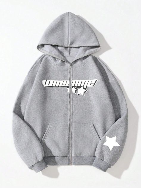 Light Grey Casual Collar Long Sleeve Fabric Geometric,Letter Zip Up Embellished Slight Stretch  Women Clothing Zipper Hoodie Women, Clothing Finds, Drop Shoulder Hoodie, Sports Hoodies, Accessories Ideas, Fleece Sweatshirt, Girl Sweatshirts, Casual Girl, Casual Sweatshirt