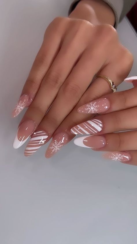 50 Best Winter Acrylic Nail Art to Inspire You Long Almond Winter Nails, Winter Acrylic Nail Designs Almond, Almond Nails Designs Winter Holidays, Birthday Nails Christmas, Almond Acrylic Christmas Nails, Gel X Winter Nails, Pretty Nails For Winter Almond, Long Christmas Nail Ideas, Cute Christmas Themed Nails