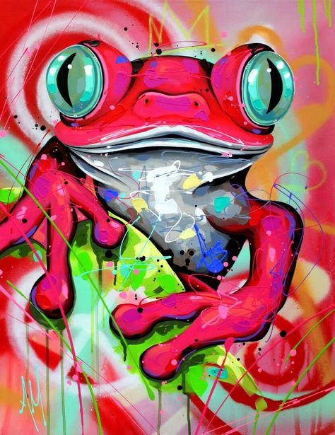 Animal Paintings Abstract, Colorful Frog Painting, Animal Graffiti Art, Bright Animal Paintings, Colorful Art Inspiration, Colorful Animal Paintings Abstract, Bright Painting Ideas, Frog Graffiti, Acrylic Animal Paintings