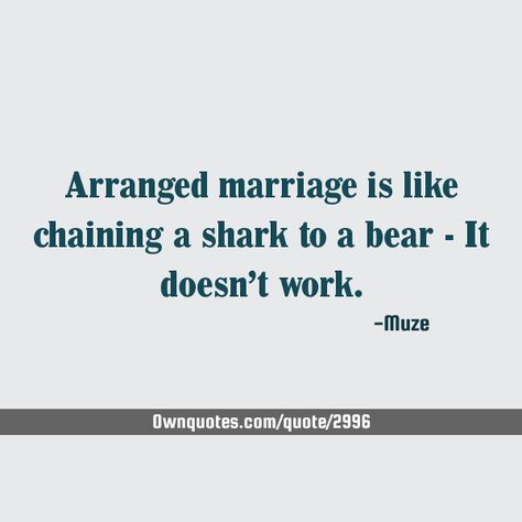 Arranged marriage is like chaining a shark to a bear - It doesn't work. #Goal #Leadership #Marriage Arrange Marriage Quotes, Arranged Marriage Quotes, Arrange Marriage, Hidden Art, Work Success, Arranged Marriage, Top Quotes, Marriage Is, Get What You Want