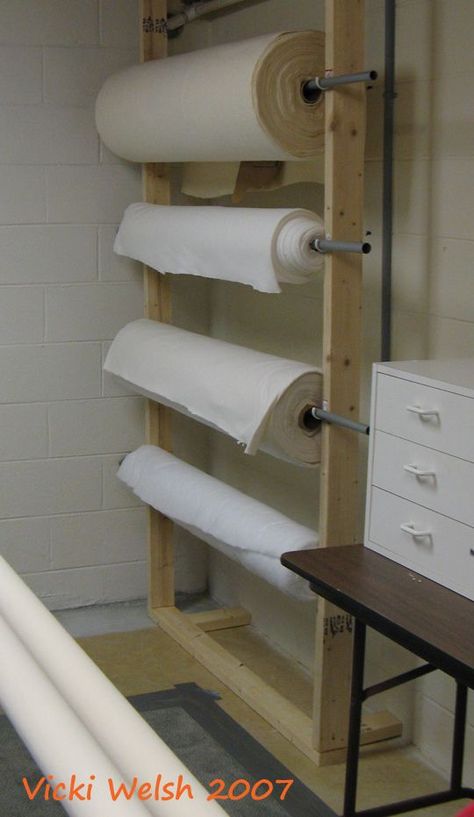 Great idea for batting storage (or pattern-making paper, or fabric on rolls e.g. Calico/heavy wt. Muslin for test garments) Rolled Fabric Storage, Fabric Roll Storage Ideas, Fabric Bolt Storage Ideas, Batting Storage Ideas, Quilt Batting Roll Storage, Longarm Quilting Studio Sewing Rooms, Quilting Studio Ideas, Batting Storage, Fabric Rack