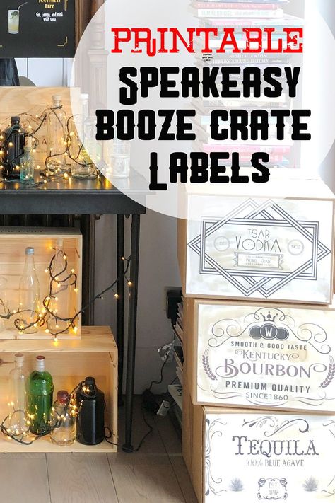 These printable booze crate labels are the perfect prop to elevate your roaring 20s or speakeasy party decor.  Created in an A3 size, to ensure no loss of resolution when printed on large boxes,  but can easily be scaled down as required. Liquor labels, booze crate labels,  Speak Easy, Roaring 20s party, Print at home, Peaky Blinders, 1920s party, printable speakeasy party, prohibition décor, Bar decorations 1920 Speakeasy Party, 1920s Party Decorations Diy, Speak Easy Theme, Speakeasy Decor Diy 1920s Party, Prohibition Party Decorations, Roaring 20s Party Ideas, Halloween Speakeasy, Peaky Blinders Themed Party, Peaky Blinders Party