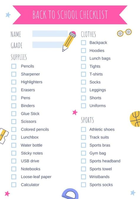 Hand-drawn Colorful Back To School Supplies Checklist Checklist For School Bag, Organisation, Back To School Online, School Supplies Checklist Highschool, Things To Get Ready For School, 4th Grade School Supply List, Back To School Stationary List, Highschool Freshman School Supplies List, Freshman School Supplies List