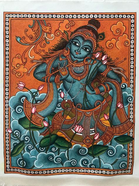 Lord Krishna Mural Painting, Kerala Mural Painting Krishna, Mural Painting Krishna, Mural Krishna, Krishna Mural Painting, Lotus Mural, Kerala Mural Art, Kerala Art, Painting Krishna