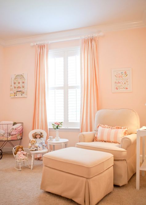 Soft Peachy Pink Striped Baby Girl Nursery! Peach Rooms, Peach Nursery, Nursery Paint Colors, Girls Room Paint, Girls Room Colors, Baby Room Colors, Girls Bedrooms, Trending Paint Colors