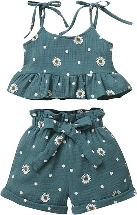 Amazon.com: Toddler Baby Girl Summer Clothes Daisy Floral Print Halter Ruffle Tank Tops Shorts Outfits Set 2-3T Green: Clothing, Shoes & Jewelry Baby Girl Summer Clothes, Toddler Summer Outfits, Green Clothing, Toddler Girl Summer, Kids Dress Wear, Baby Dress Design, Baby Girl Shorts