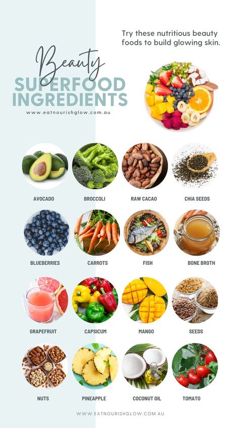 Want clear skin? It all starts with your diet. Try these nutritious beauty foods to help your skin glow from the inside out! Essen, Skin Healing Foods, Food For Acne, Best Foods For Skin, Food Substitutions Healthy, Glowing Skin Diet, Foods For Clear Skin, Clear Skin Diet, Food For Glowing Skin