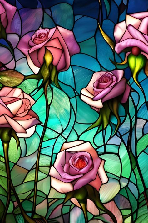 Beautiful colorful stained glass image of roses Stained Glass Roses, Dungeons And Dragons Decor, Glass Roses, Stain Glass Window Art, Dungeons And Dragons Figures, زجاج ملون, Stained Glass Rose, Dungeons And Dragons Miniatures, Glass Window Art