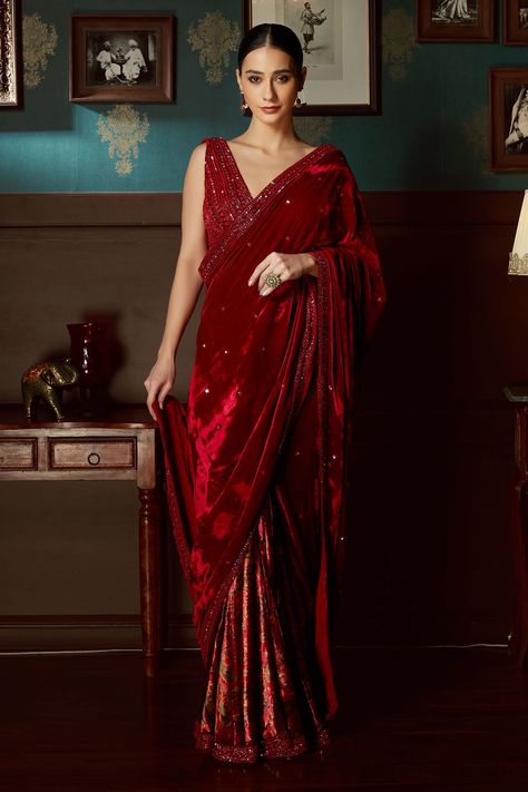 Buy Priyanka Jain Red Velvet Pre-draped Saree With Blouse Online | Aza Fashions Velvet Sari, Glitter Saree, Red Velvet Blouse, Velvet Blouse Design, Velvet Saree, Draped Saree, Potli Bag, Saree Gown, Outfits Woman