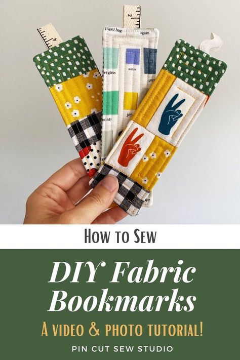 How to Sew Easy, Quilted Fabric Bookmarks (a scrap friendly project!) — Pin, Cut, Sew Studio Patchwork, Tela, Diy Sewing Bookmark, Quick Quilted Gifts, Sewing A Bookmark, How To Sew A Bookmark, Sellable Sewing Projects, Scrappy Bookmarks, Sewn Bookmarks