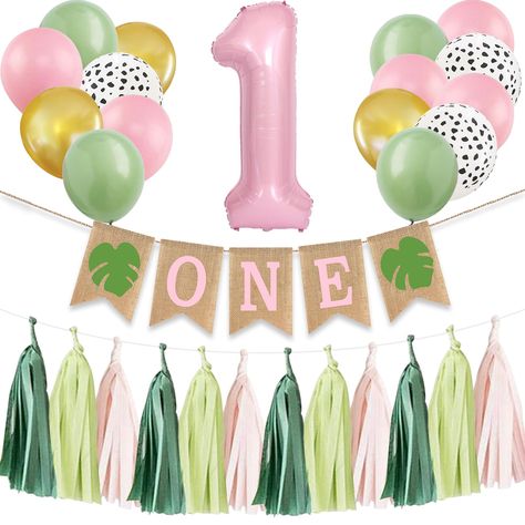 PRICES MAY VARY. The first bithday girl high chair banner is made of high quality burlap, it comes pre-assemble. This tropical first birthday party supplies include 1 tropical leaf one banner, 1 light pink 1 number foil balloon, 5 light pink latex balloons, 5 sage green latex balloons, 5 gold balloons, 5 black white balloons, 15 tissue tassels(5 pcs in each color) The pink one burlap garland measures about 6.7" in length, 5.3" in width. Paper tassels measures approx 14 inches. This pink 1st birt Tropical 1st Birthday Party Girl, Safari Girl Birthday Party, Tropical First Birthday Party, Safari 1st Birthday Party, One Cake Smash, Leaf Banner, Safari 1st Birthday, Black And White Balloons, Paper Tassels