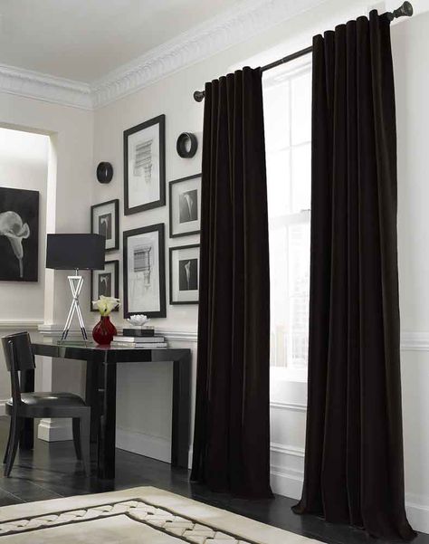 black velvet curtains Traditional Curtains, Dining Room Curtains, Home Office Table, Curtains Living, Grey Curtains, Black Curtains, Bedroom Black, Bedroom Windows, Modern Home Office