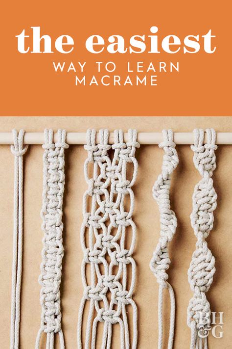 Macrame is the perfect activity for when you're bored at home. Learn how to tie four must-know knots essential to macrame. #macrame #howto #crafting #boredathome #bhg Macrema Driftwood, Learn To Macrame Wall Hangings, How To Read Macrame Patterns, Learn Macrame Knots, How To Learn Macrame, Macrame For Beginners Free Pattern, Basic Macrame Knots Tutorials, Fun Macrame Ideas, Macrame Starter Project