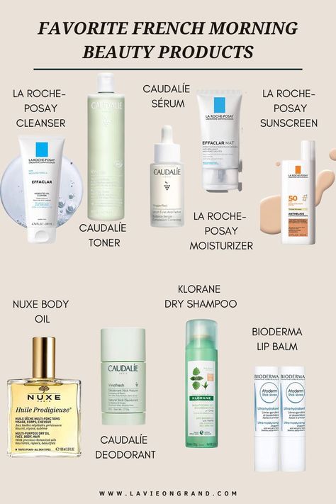 Graphic of different French beauty products. French Skincare, Bioderma Lip Balm, Beauty Morning Routine, Hacks For Hair, French Beauty Products, Hacks For Girls, French Makeup, French Beauty Secrets, Face Routine