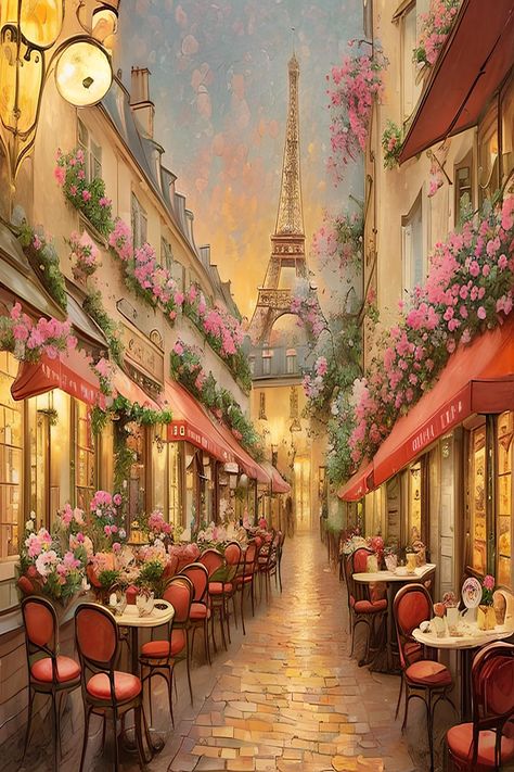 Paris Cafe Painting, Romantic Cafe, Paris Art Painting, Paris Party Decorations, Paris Romantic, Aesthetic Tumblr Backgrounds, Paris Artwork, Eiffel Tower Painting, Paris Romance