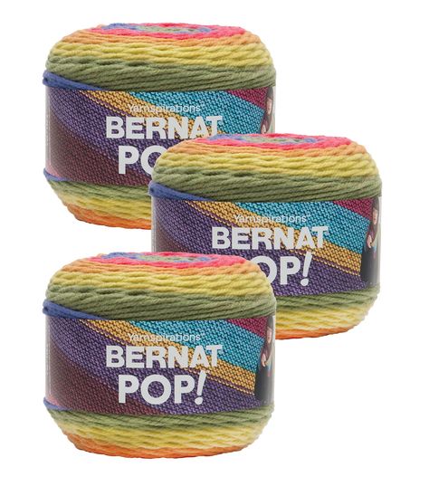 Get unique and colorful projects with this self - striping yarn that does all the color switching for you! Bernat Pop! is a machine washable acrylic yarn with five showstopping colors that will make stunning knit or crochet home dec and garment projects Featuring a soft 4 - ply twist, the versatile Worsted weight gives you the flexibility to use Pop! in so many patterns! Get creative and have fun with color when you use Bernat Pop! for all your crafting ideasBernatBernat POP! 100% AcrylicWeight: Bernat Pop Yarn, Pop 100, Bernat Yarn, Bernat Blanket, Bernat Blanket Yarn, Thread & Yarn, Crochet World, Blanket Yarn, Needle Arts