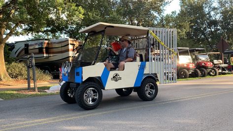 Jurassic Park Golf Cart, Golf Cart Decorations, Parade Ideas, Fort Wilderness, Halloween 2019, Rv Parks, 4th July, Golf Cart, Golf Carts