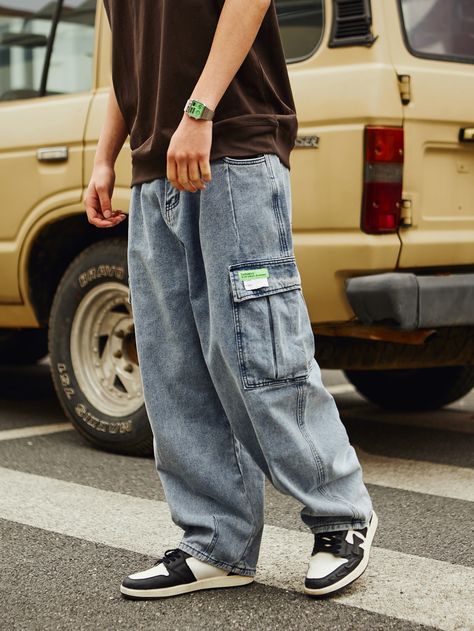 Light Wash    Denim Letter Cargo Pants Embellished Slight Stretch  Men Denim Jean Cargos Men, Shein Cargo Jeans, Jean Cargo Pants Outfit Men, Denim Cargos Men, Jean Pants Outfits Men, Kargo Styles Man, Outfit Celana Cargo Pria, Denim Men Fashion, Denim Cargo Pants Men