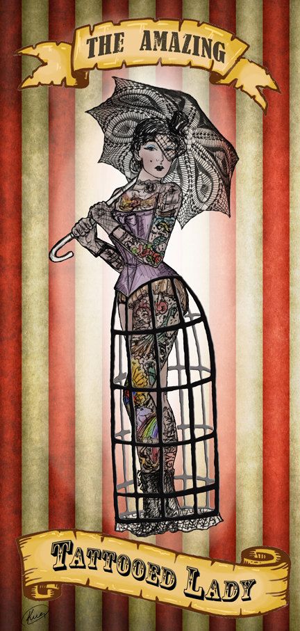 this would be really nice painted on my closet door. Tattooed Lady Circus Costume, Circus Artwork, Carnival Tattoo, Age Tattoo, Covered In Tattoos, Circus Tattoo, Creepy Circus, Tattooed Lady, Lady Tattoo