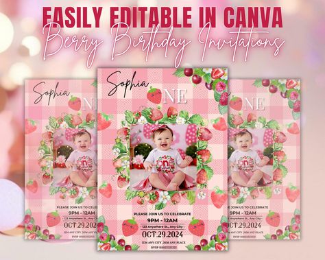 Berry First Birthday Invitation, Editable 1st Birthday Girl Invite, Printable Strawberry First Birthday Girl Invitation Template, Strawberry Description Add a touch of sophistication to your birthday celebration with our Digital Birthday Dinner Invitation! Simplify your invitation process with the convenience of mobile invites, eliminating the need for paper and postal delays. Personalize your invitation by adding all the event details, and enjoy the ease of instant delivery via email or message. Our elegantly designed invitations reflect refined taste, while the included digital itinerary template ensures everything is perfectly organized. Elevate your birthday dinner and start planning an unforgettable evening today! 🍽️ | WHAT'S INCLUDED | 1 PDF with a link to a Canva template - Berry F Berry First Birthday Invitation, Strawberry First Birthday, Birthday Dinner Invitation, First Birthday Girl, Berry First Birthday, 1st Birthday Girl, Itinerary Template, First Birthday Invitations, Birthday Dinners