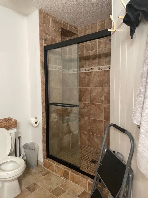 Door To Backyard From Bedroom, Bathroom Remodel With Brown Tile, Brown Tile Bathroom Makeover, Can You Paint Shower Tile Walls, Painting Travertine Shower Tile, How To Paint Fiberglass Shower Stall, Repaint Shower Tile, Bathroom Reno Diy, Painted Tile Shower Ideas