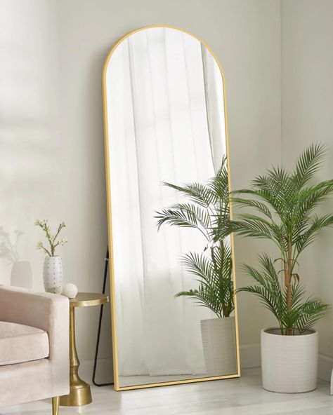 PRICES MAY VARY. >>>>ARCH FULL SIZE MIRROR: The size of the full length mirror is 64.2"x21.3", Gold color. The large-size standing mirror not only facilitates you to admire the whole body dress, but also makes your room more beautiful. The right use of mirrors can make room space look double.Full body mirror arch-top design has a sense of extending upward, visually making the arched mirror taller. Modern arched design makes the full length mirror elegant and classic. >>>>UNIQUE DESIGN: Floor mir Full Length Mirror Gold, Large Standing Mirror, Gold Floor Mirror, Arched Full Length Mirror, Full Length Mirror Stand, Arched Floor Mirror, Large Floor Mirror, Giant Mirror, Long Mirror