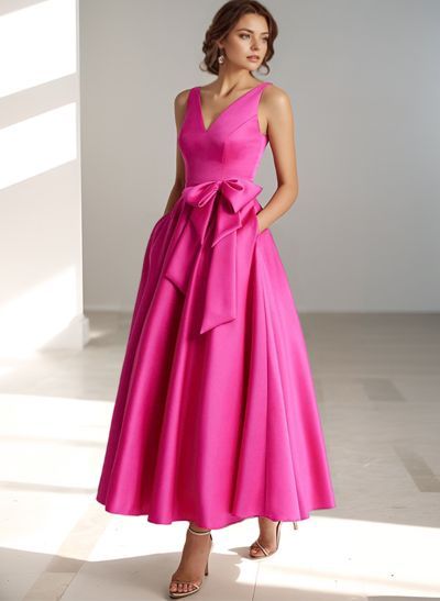 A-Line V-Neck Satin Mother Of The Bride Dresses With Bow(s)/Pockets Cheap Cocktail Dresses, A Line Cocktail Dress, Cocktail Dresses Online, Open Back Wedding Dress, Satin Cocktail Dress, Satin Evening Dresses, Semi Formal Dress, Back Wedding Dress, Semi Formal Dresses