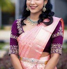 Couture, Contrast Blouse And Saree Combinations, Pattu Saree Designer Blouses, Latest Blouse Designs Pattu Saree, Pattu Blouse Computer Work Designs, Pattu Saree Designs Latest, Pattu Saree Work Blouse Designs, Pink Colour Saree Contrast Blouse, Pink Color Saree Contrast Blouse