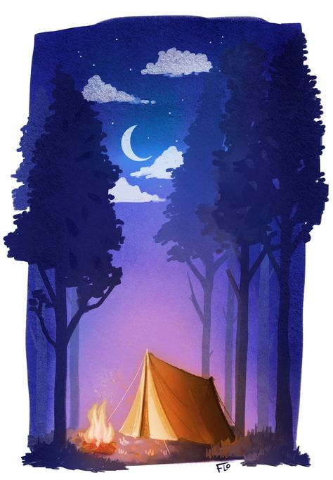 Go Camping by Floortje Visser. This stylized Procreate illustration was created for a book publication about Color Theory by Art with Flo. It demonstrates and warm and cold contrast between colors and captures the mood of camping. Art with Flo uses her own unique brushes to create digital paintings and illustrations with texture and depth. Cool And Warm Colours Paintings, Camping Drawing, Warm And Cold Colours, Contrast Art, Poster Color Painting, Procreate Ipad Art, Warm And Cool Colors, Landscape Illustration, Colorful Drawings