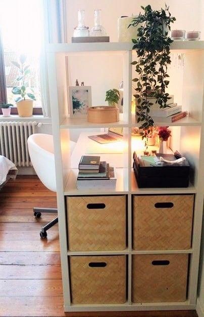 Future Bedroom Ideas, Room Divider Ideas, Ikea Kallax Shelf, Ikea Kallax Regal, Cozy Desk, Divider Ideas, Kallax Shelf, Desk Areas, Kallax Ikea