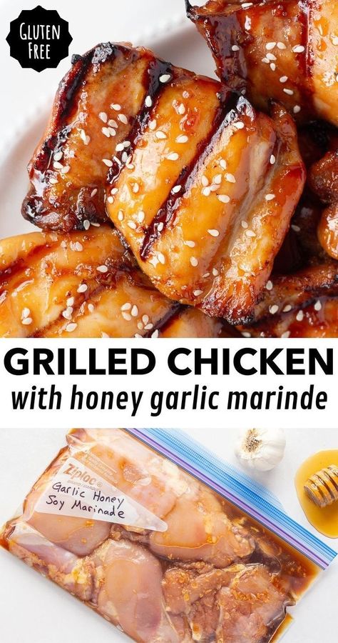 You'll want to make this marinated grilled honey garlic chicken! These tender boneless skinless chicken thighs are put in an easy marinade of garlic, honey, and gluten free soy sauce, creating a perfect balance of savory & sweet flavors. Sprinkle a few sesame seeds on then serve with your favorite sides for a meal any day of the week. Visit hotpankitchen.com to check out more simple marinade recipes for your next barbecue! Hot Honey Marinade, Honey Garlic Chicken Marinade, Soy Sauce Chicken Marinade, Grilled Honey Garlic Chicken, Honey Soy Chicken Marinade, Soy Chicken Marinade, Honey Marinade For Chicken, Honey Garlic Marinade, Honey Soy Marinade