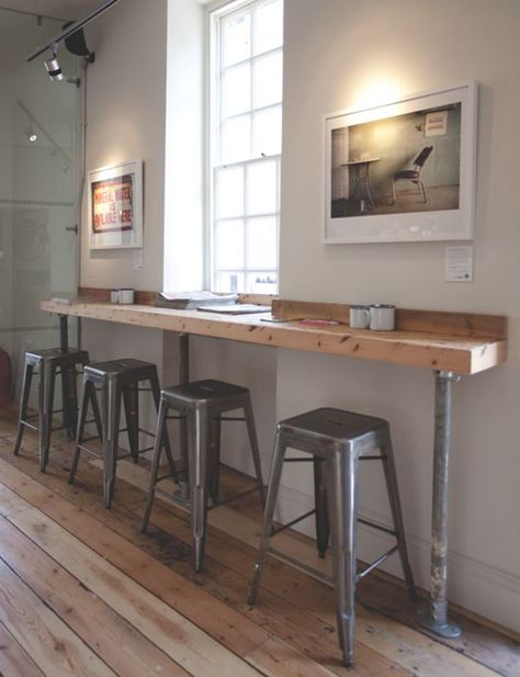 This bar is a simple way to create more seating in a small space. This links to12 Coffee shop interior designs from around the world Bar Seating In Kitchen, Bar Seating Ideas, Coffee Shop Seating, Bar Seats, Theater Building, Office Refresh, Plug Sockets, Small Coffee Shop, Coffee Shop Interior Design